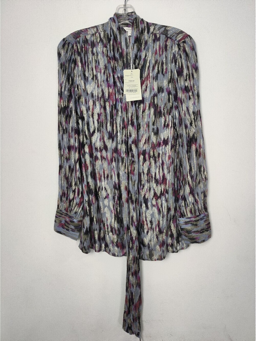 NWT Monsoon Metallic Metallic Ikat Tie Neck Blouse Lilac Size Medium